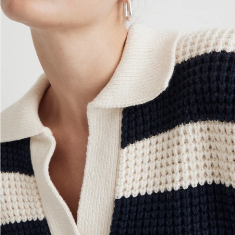 Madewell | Waffle-Knit Henley Sweater Stripe Navy Cream - Size M - Picture 6 of 13